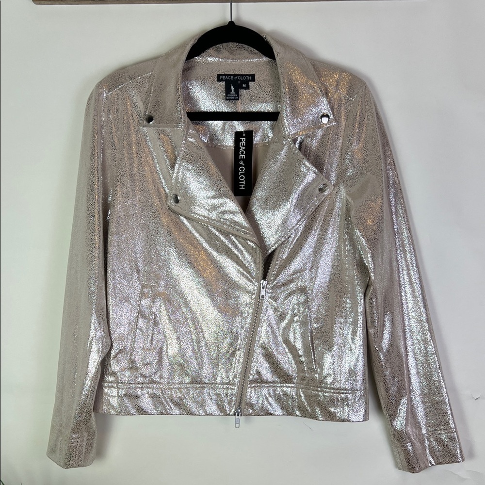 NWT Peace of Cloth Mariel Foiled Suede Moto Jacket Metallic Gold Beige Medium - Picture 3 of 14
